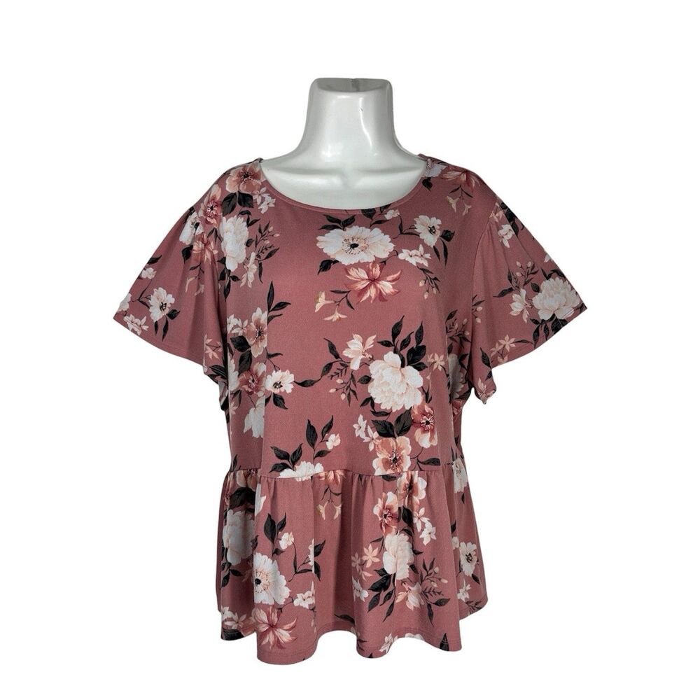 C Est 1946 Women Blouse Plus Size 18/20W Floral Peplum Hem Short Sleeve Casual